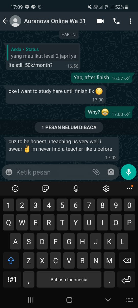 Bukti chat testimoni Siswa Alumni EFE